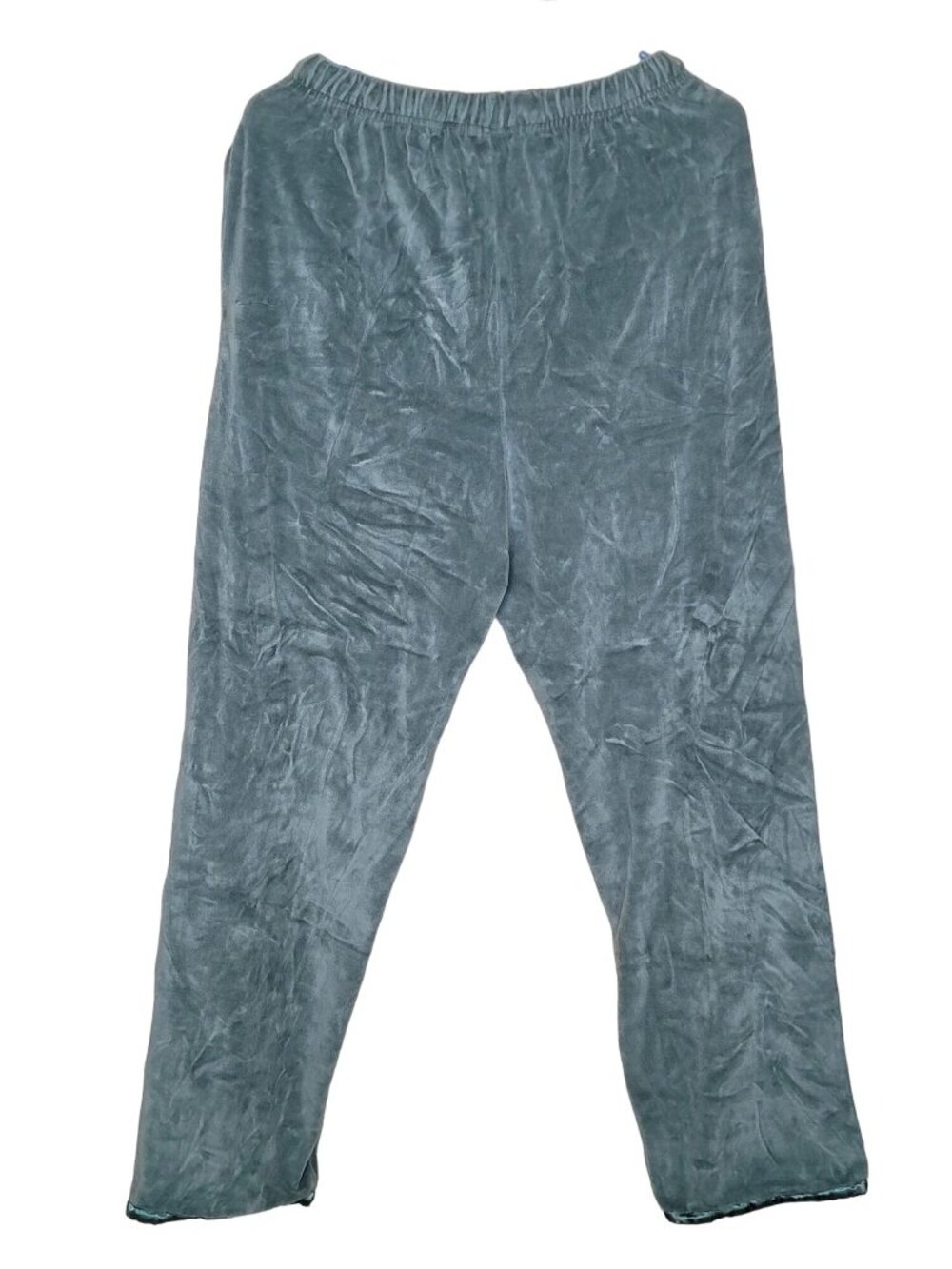 Vintage Maggie Starr Velour Pajama Set Medium Blue Satin Leaf Trim Loungewear - Picture 15 of 15